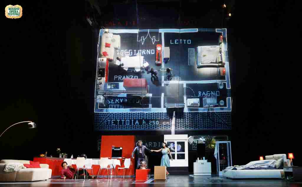 Rossini Opera Festival 2026 – La scala di seta – with Hasmik Torosyan, Alasdair Kent & Paolo Bordogna; directed by Damiano Michieletto; conducted by Iván López-Reynoso 2 Alasdair Kent (Dorvil) & Hasmik Torosyan (Giulia). Photo: Amati Bacciardi